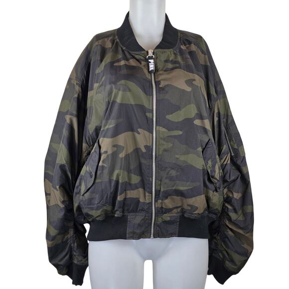 Victoria Secret Pink Semi Crop Black Camoflauge Womens Bomber Jacket L - Picture 1 of 6